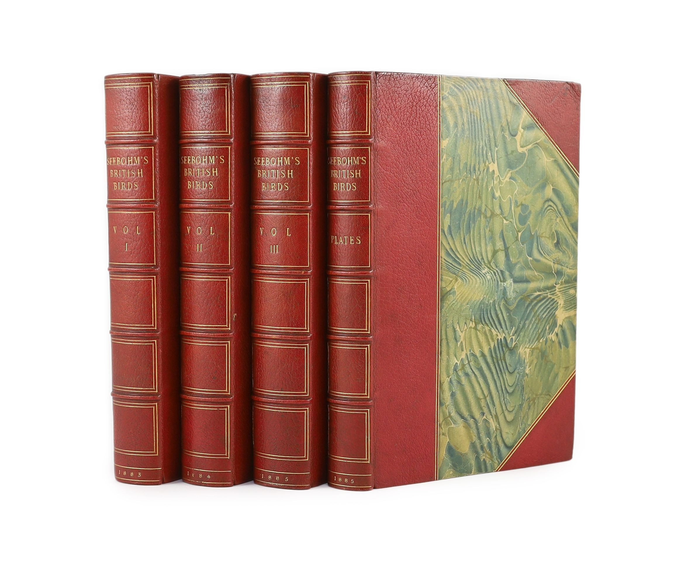 Seebohm, Henry - A History of British Birds, 1st edition, 4 vols, half red morocco gilt, with 68 coloured plates, some foxing and a few pencil annotations, bookplate of Mr. Justice Ridley, London, 1883-85